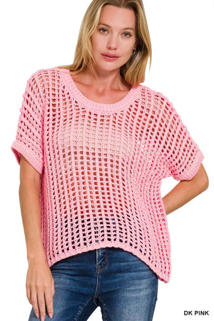 Zenana Fish Net Short Sleeve Crochet Knit Cover Up - Farnelli