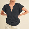 Aemi + Co Embroidered Trim Side Slit Notched Short Sleeve Blouse - Black