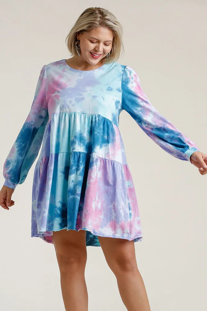 Umgee Full Size Tie Dye Round Neck Long Sleeve Babydoll Tiered Dress Plus Size - Farnelli