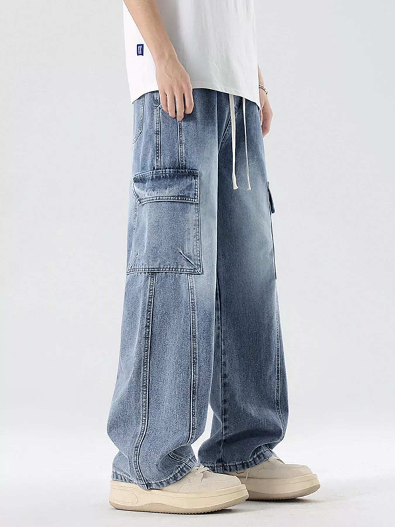 Men's Plus Size Wash Wide Leg Cargo Jeans - Farnelli