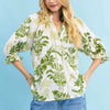 Umgee Leafy Damask Print Blouse with Contrast Scalloped Trim Detail - SAGE