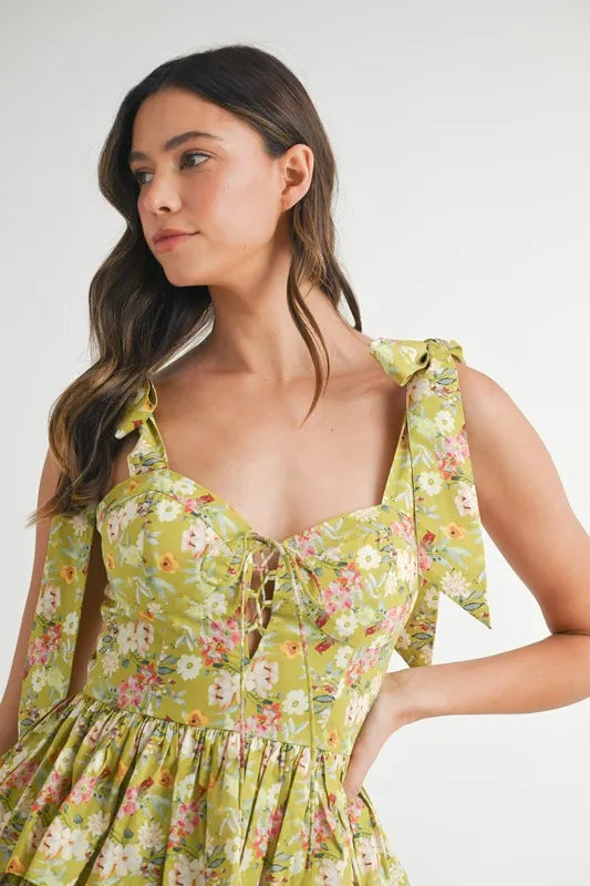 MABLE Floral Print Shoulder Tie Layered Mini Dress - Farnelli