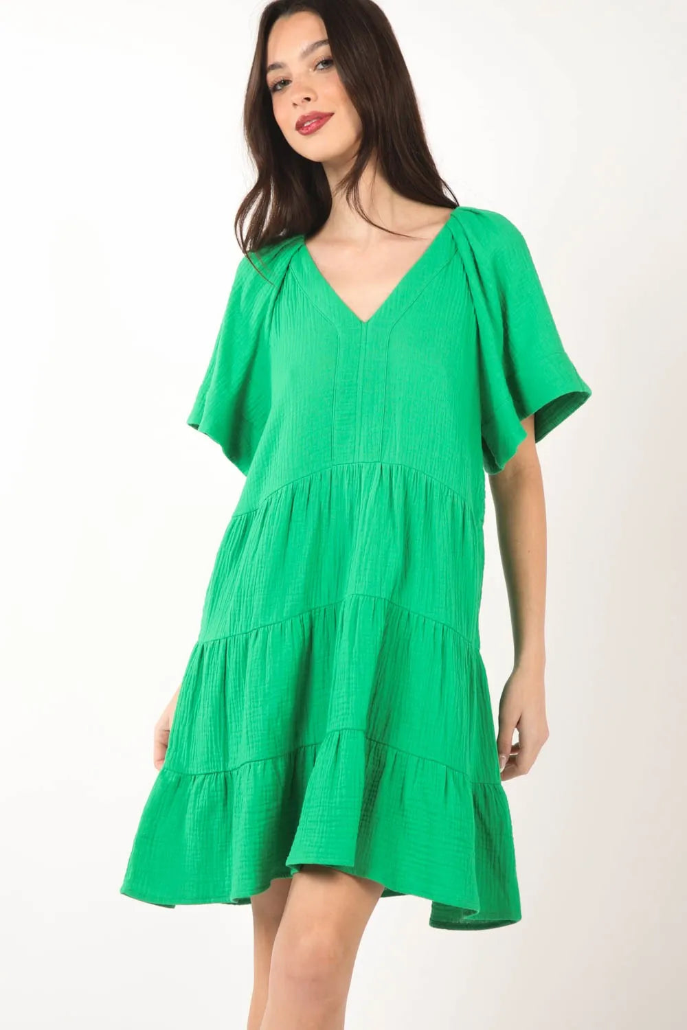VERY J Texture V-Neck Ruffled Tiered Dress - Farnelli