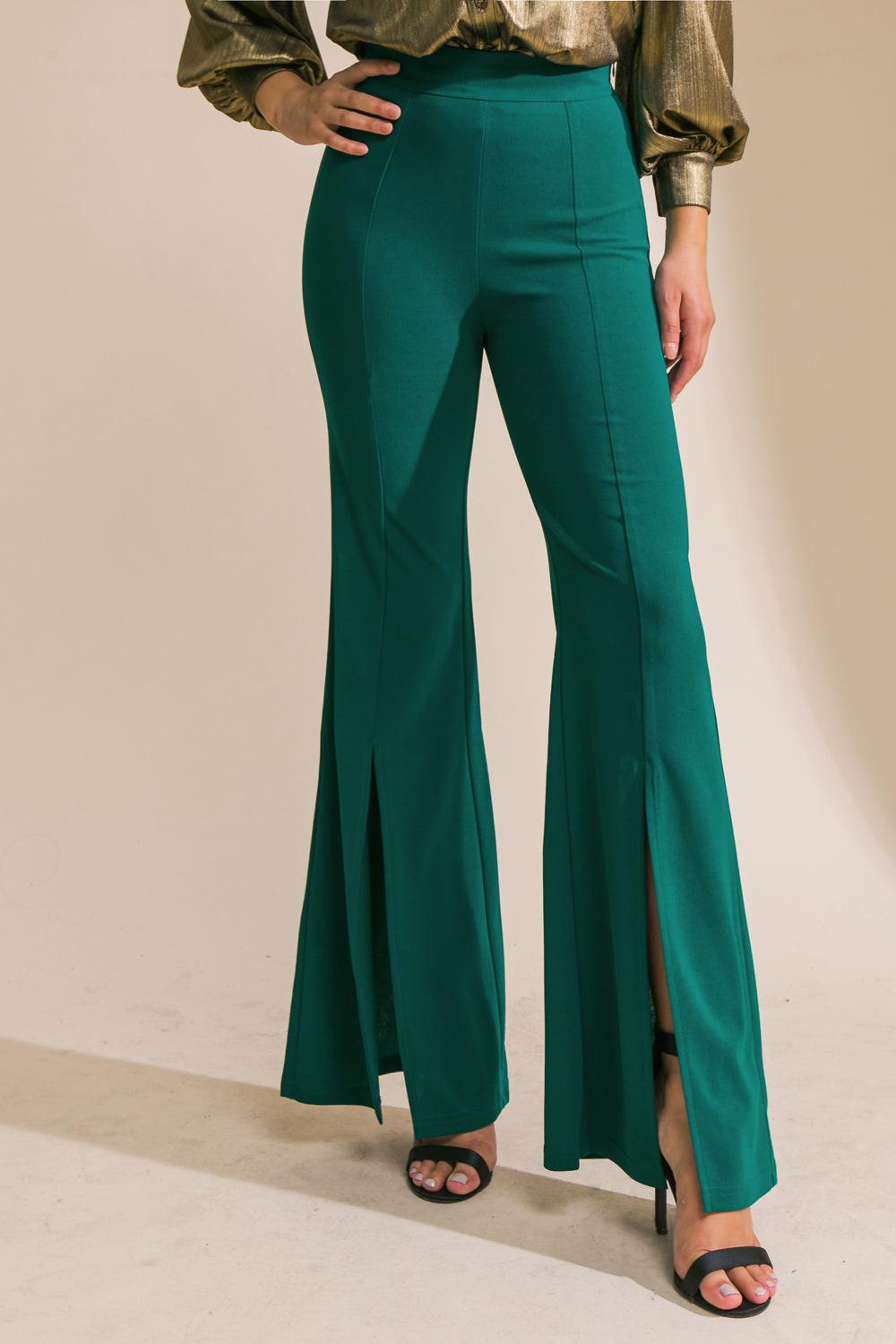 Flying Tomato Hey Darling woven flare pants in green, displaying their stylish high-waist design and wide leg fit.