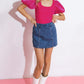 Flying Tomato Moments in Love denim skort shorts with front pockets and rolled hem, casual summer style.