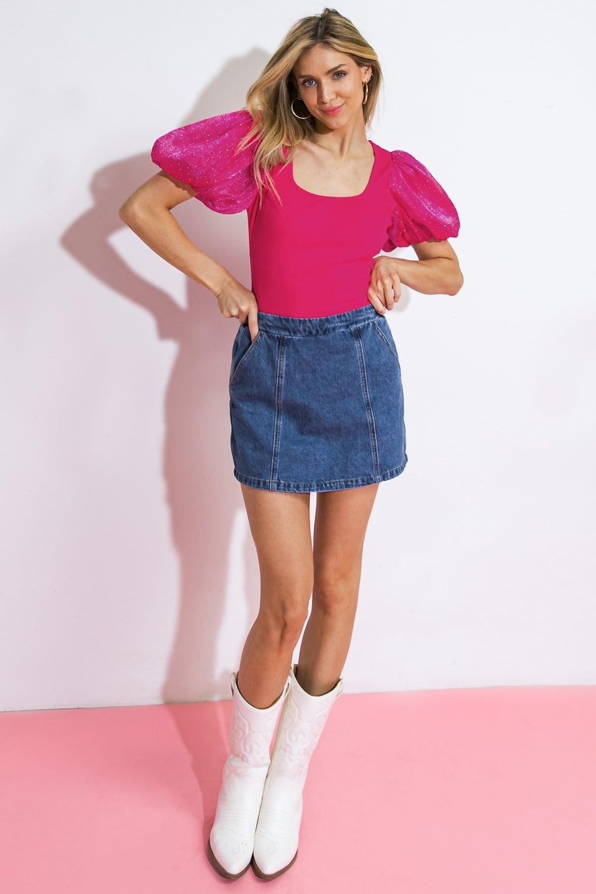 Flying Tomato Moments in Love denim skort shorts with front pockets and rolled hem, casual summer style.
