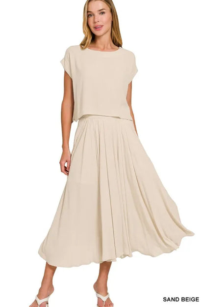 Zenana Woven Crinkle Gauze Crop Tee and Skirt Set - Farnelli