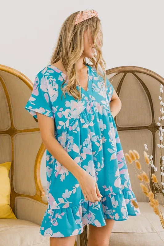 BiBi Floral Crinkle Shirred Ruffle Detail V Neck Dress - Farnelli
