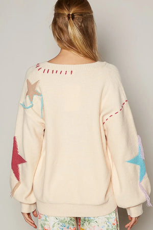 POL V-Neck Long Sleeve Star Fringe Sweater - Farnelli