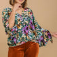Umgee Full Size Floral V-Neck Tie Sleeve Blouse Plus Size - Farnelli