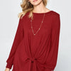 Super Lady Full Size Round Neck Knot Front Hacci Blouse - Burgundy