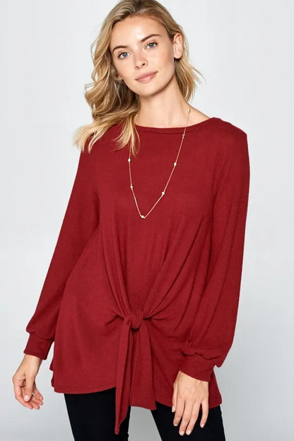 Super Lady Full Size Round Neck Knot Front Hacci Blouse - Farnelli