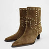 Point Toe Kitten Heels Boots - Brown