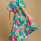 Umgee Full Size Tiered Floral Print Notched Puff Sleeve Midi Dress Plus Size - Farnelli