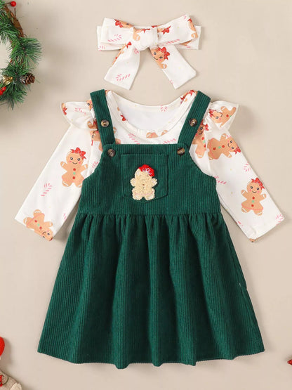 Children's Christmas Bodysuit and Overall Dress Set with Headband - Farnelli