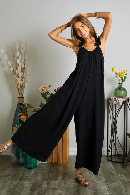 ADORA Full Size Elastic Ruffle Shoulder Jumpsuit Plus Size - Farnelli
