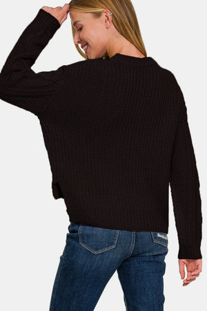 Zenana Cropped High Low Cable Sweater with Side Slits - Farnelli