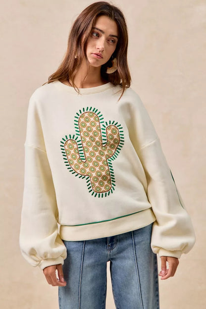 BiBi Cactus Embroidered Fleece Sweatshirt - Farnelli