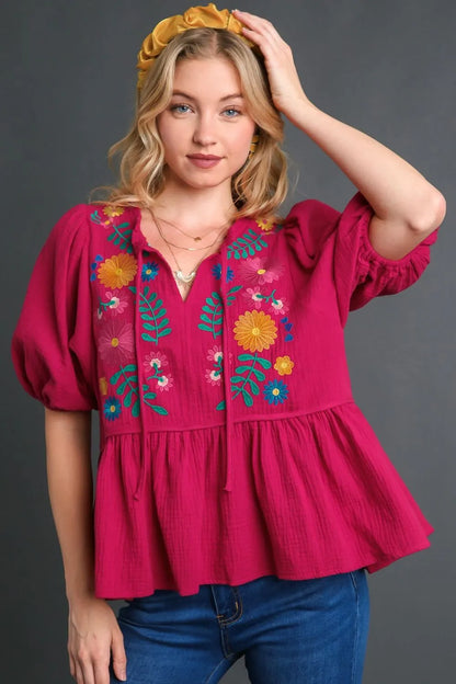 Umgee Full Size Cotton Gauze Floral Embroidery Babydoll Blouse Plus Size - Farnelli
