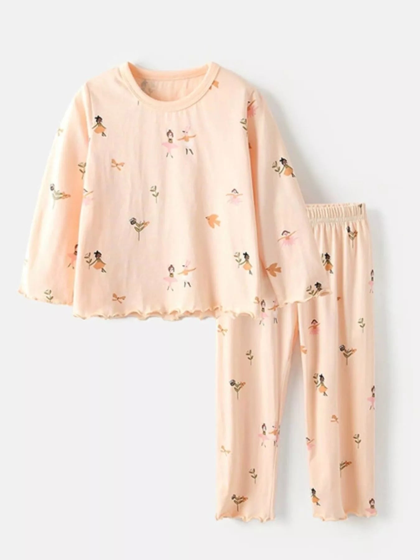 Children's Ballerina Print Round Neck Top and Pants Pajama Set - Farnelli