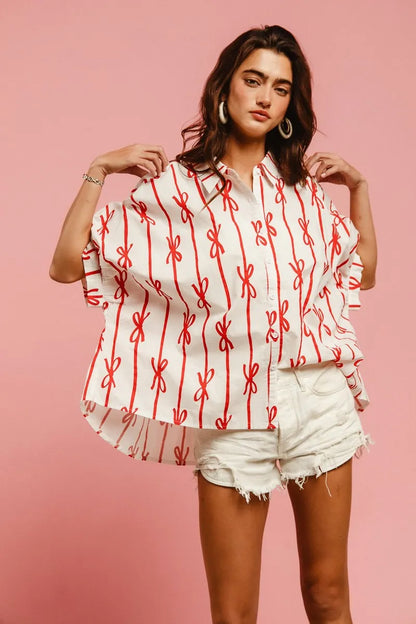 BiBi Bow Ribbon Woven Printed Button Down Shirt - Farnelli