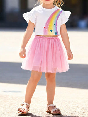 Children's Rainbow Ruffle Sleeve Top and Tulle Skirt Set - Farnelli