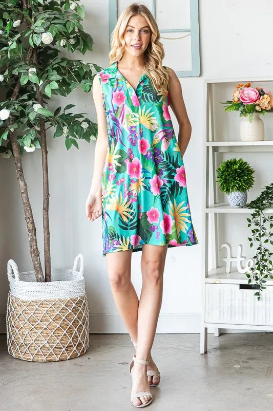 Heimish Full Size Floral Johnny Collar Sleeveless Dress Plus Size - Farnelli