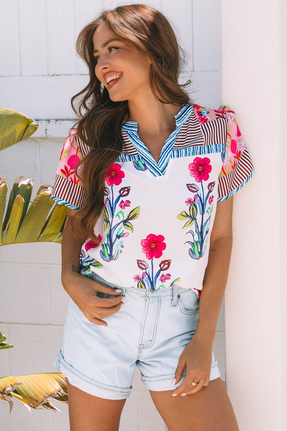 Maya Floral Striped Split Neck Blouse - Farnelli