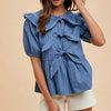 Annie Wear Stripe Front Bow Denim Peplum Blouse - MEDIUM DENIM