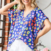 First Love Printed V-Neck Short Sleeve Blouse - BLUEMULTI