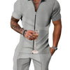 Men's Plus Size Zip Up Short Sleeve Top and Shorts Set - Light Gray