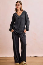 BiBi Two Tone Cord Rib Contrast Stitching V-Neck Top and Pants Set - Farnelli