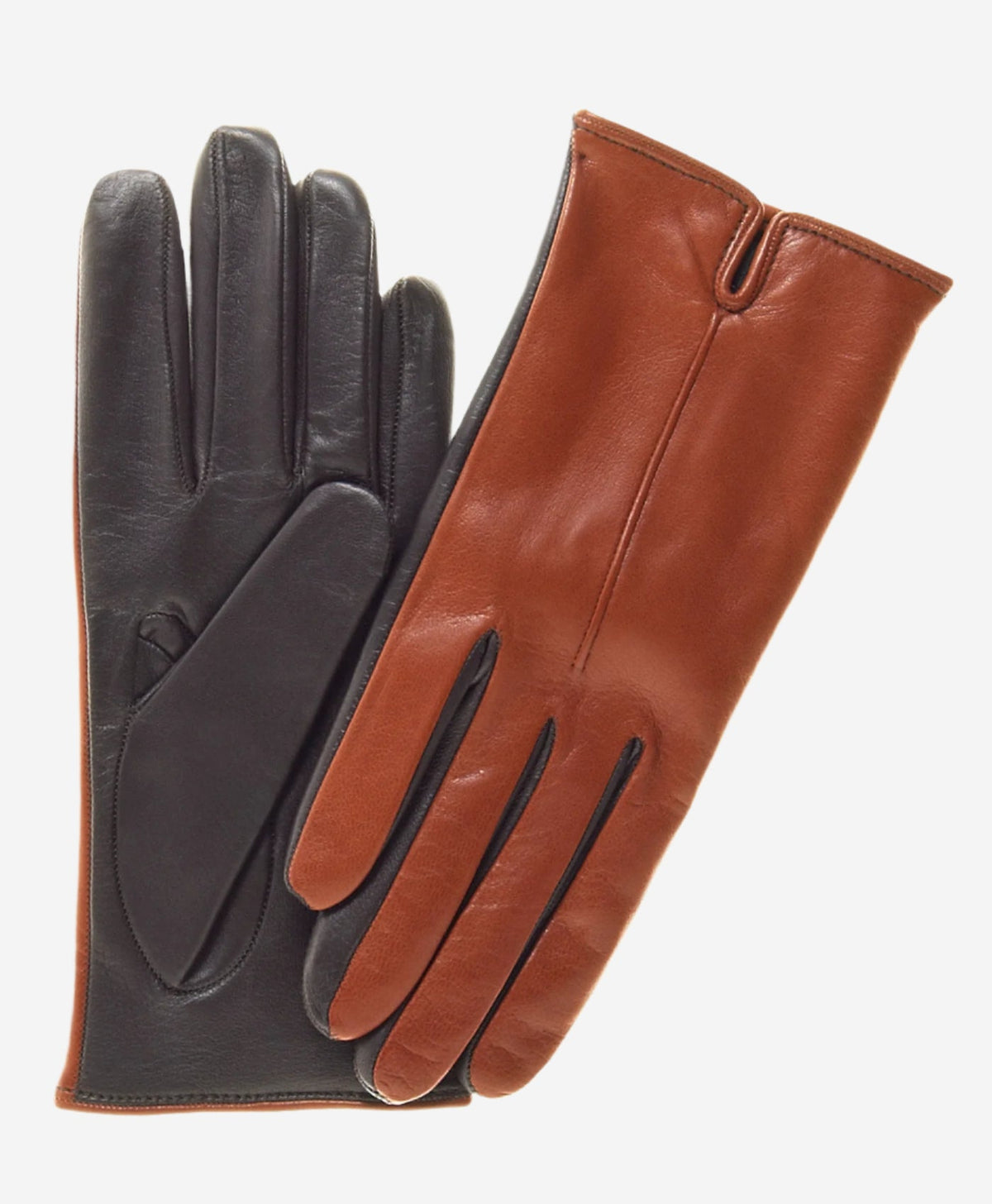 Medium brown women's Italian touchscreen leather gloves lined with cashmere, designed for winter warmth and style.