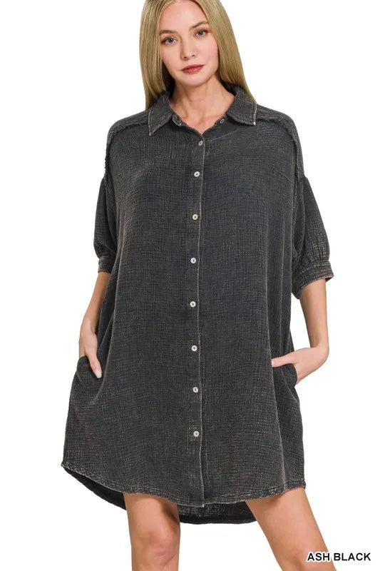 Zenana Washed Double Gauze Button Down Shirt Dress - Farnelli