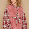 POL Star Patch Plaid Long Sleeve Hooded Top - Redbean Multi