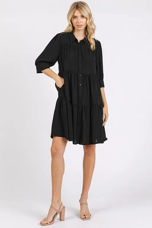 Mittoshop Button Detail Collared Neck Tiered Shirt Dress - Farnelli