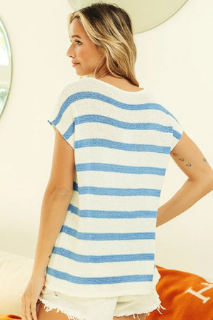 BiBi Striped Round Neck Short Sleeve Knit Top - Farnelli