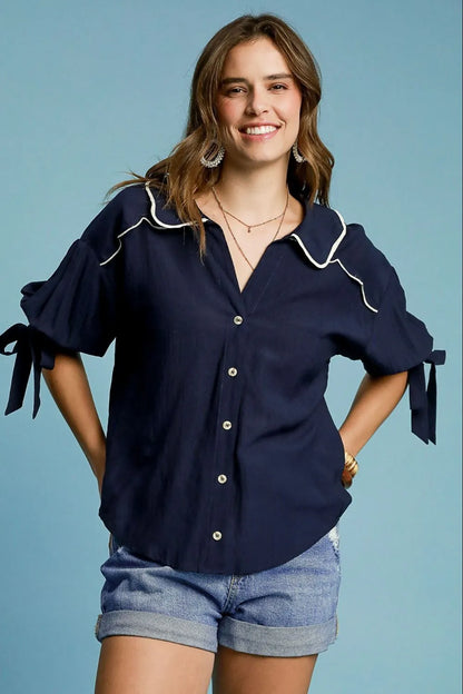 Umgee Full Size Embroidered Detail Button Down Shirt Plus Size - Farnelli