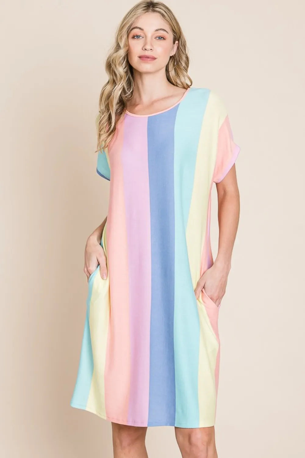 BOMBOM Striped Short Sleeve Dress with Pockets - Farnelli