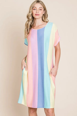 BOMBOM Striped Short Sleeve Dress with Pockets - Farnelli