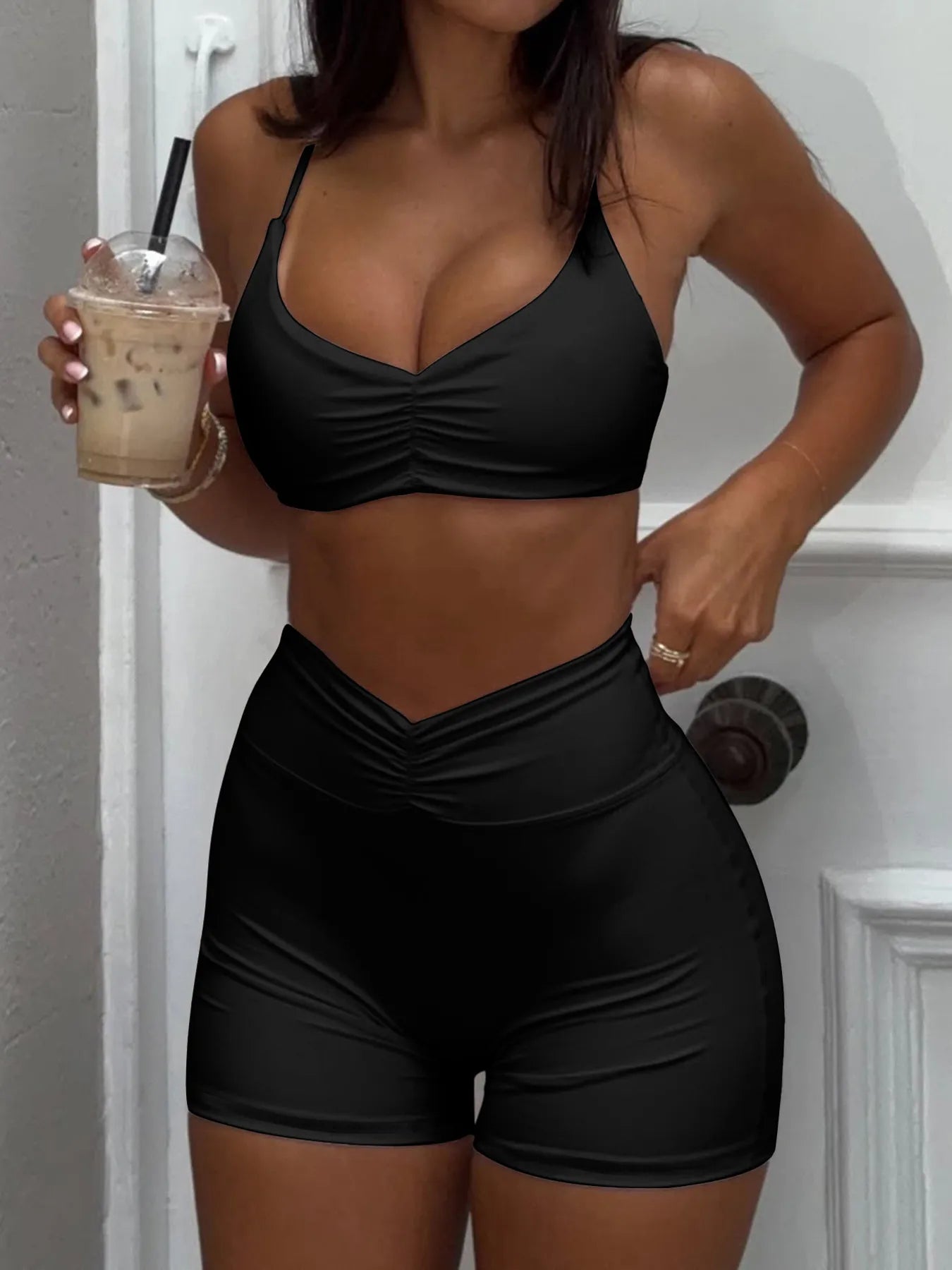 Ruched Sports Bra and High-Waisted Shorts Active Set - Farnelli