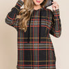 BOMBOM Drawstring Plaid Long Sleeve Hoodie - Black