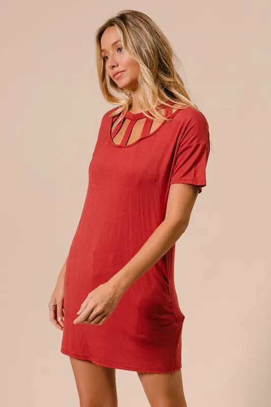 BiBi Front Cutout Mini Tee Dress with Pockets - Farnelli
