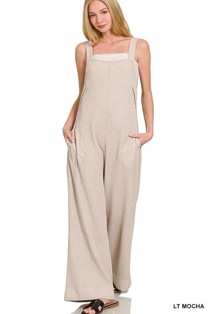 Zenana Knit Waffle Wide Leg Overalls - Farnelli