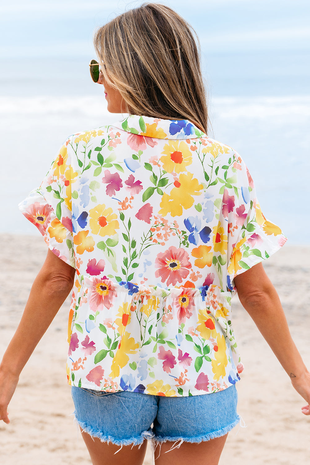 Liberty Floral Boxy Fit Ruffled Short Sleeve V Neck Blouse - Farnelli