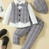 Hat, Long Sleeve Shirt, Plaid Vest and Pants 4-Piece Set - Black/White