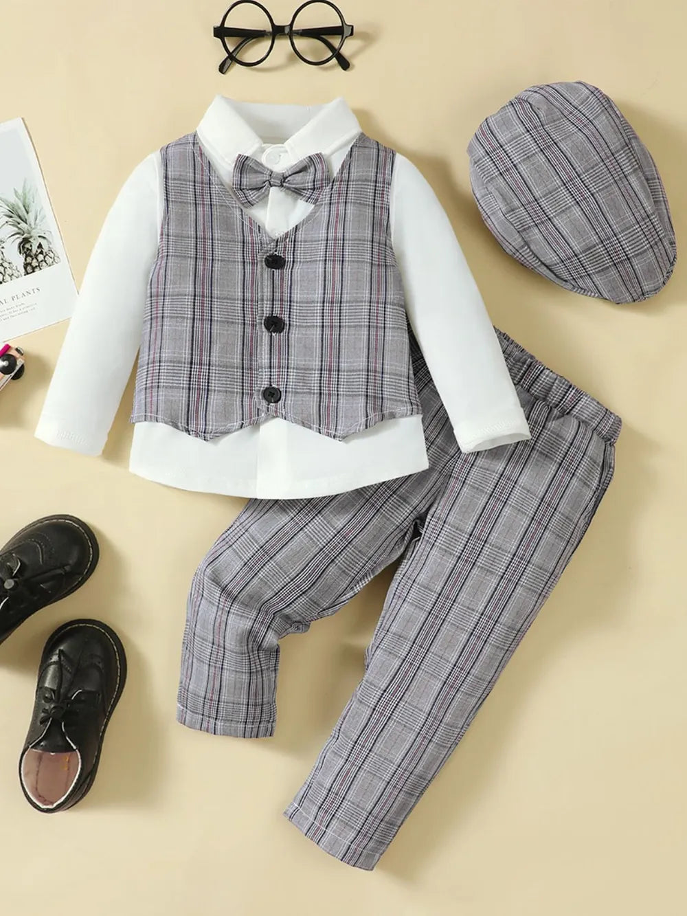 Hat, Long Sleeve Shirt, Plaid Vest and Pants 4-Piece Set - Farnelli