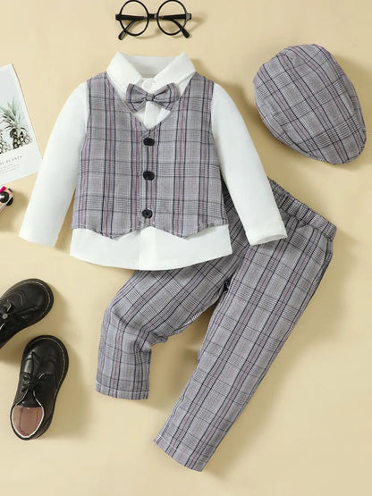 Hat, Long Sleeve Shirt, Plaid Vest and Pants 4-Piece Set - Farnelli
