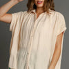 Umgee Full Size Textured Button Down Short Sleeve Shirt Plus Size - Tan