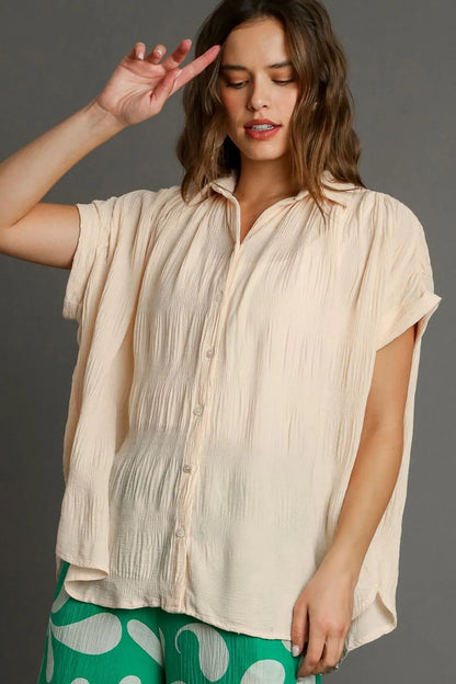 Umgee Full Size Textured Button Down Short Sleeve Shirt Plus Size - Farnelli